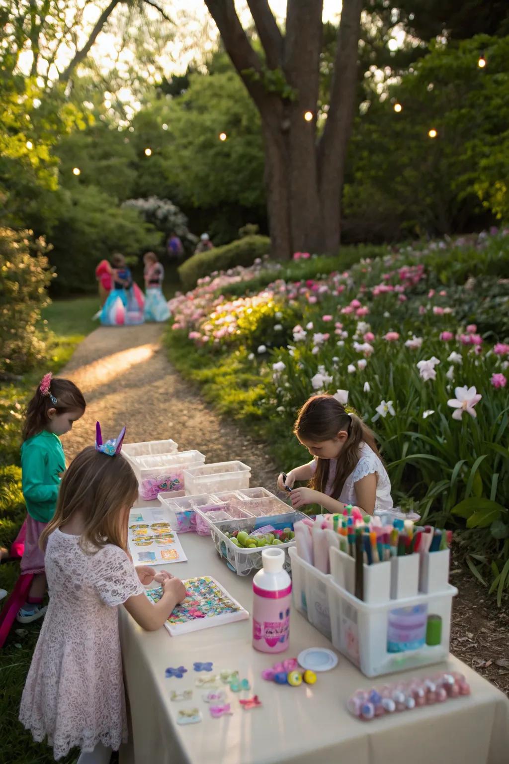A garden craft station with supplies for creating fairy-themed crafts.