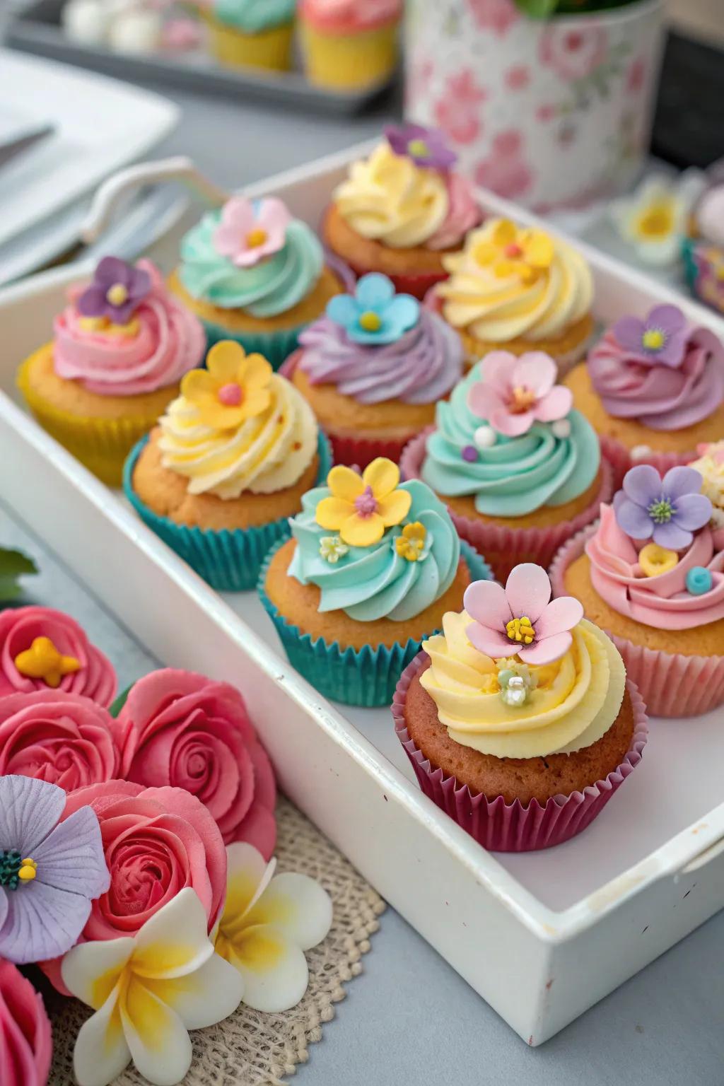 Whimsical cupcakes adorned with edible flowers, a delightful fairy party treat.
