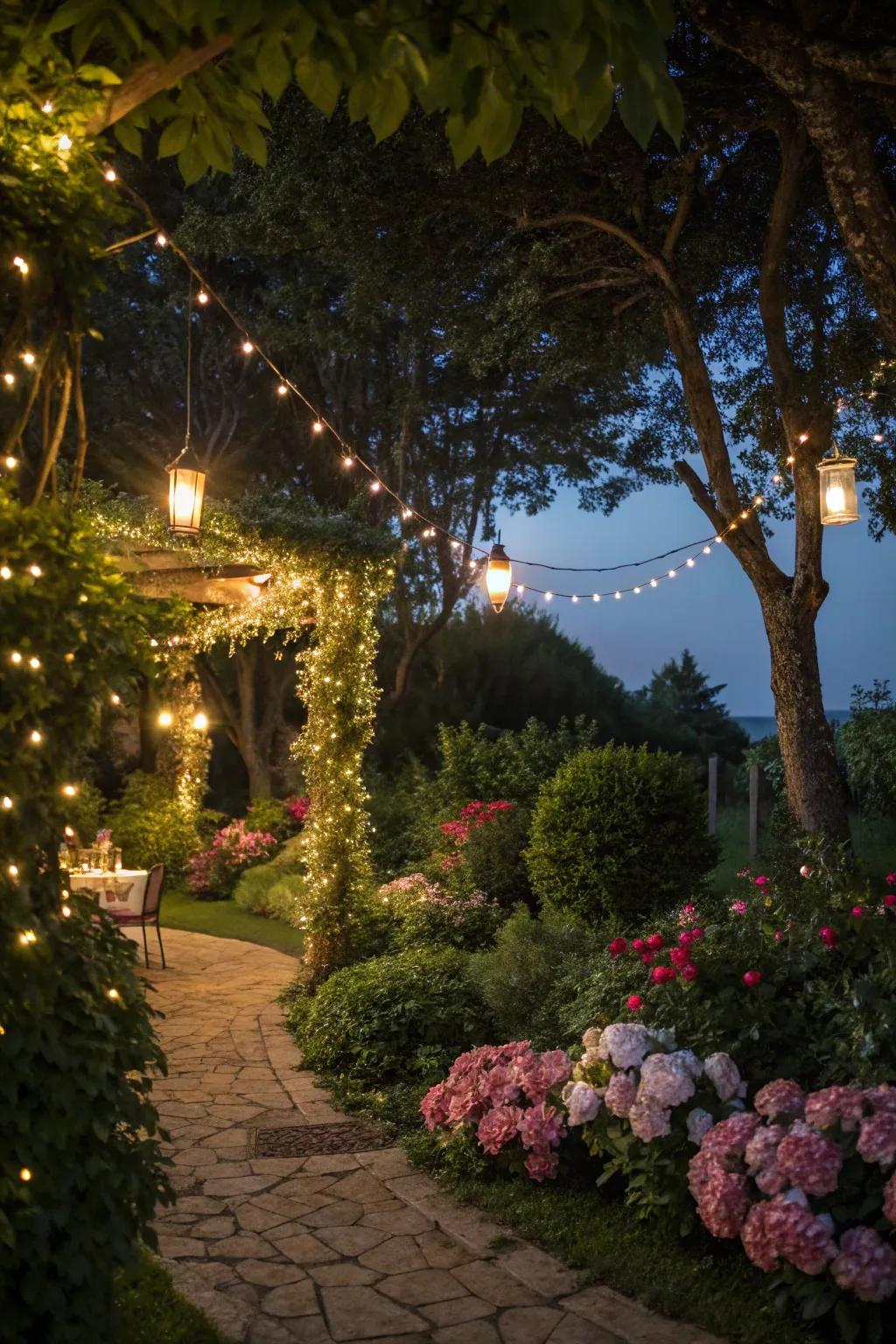 Twinkling fairy lights illuminating a garden, creating a magical evening atmosphere.