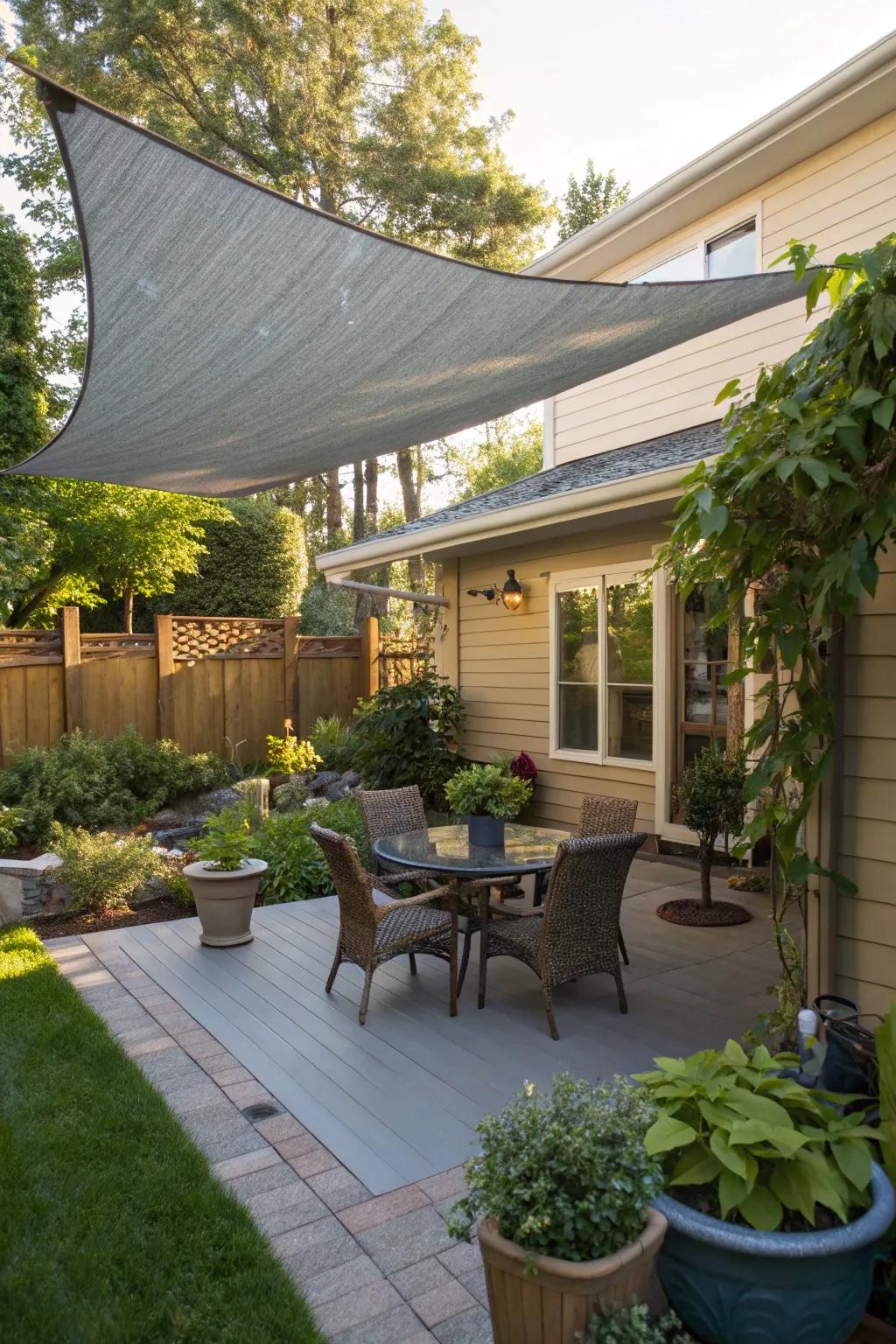 A sunshade sail provides modern style and shade.