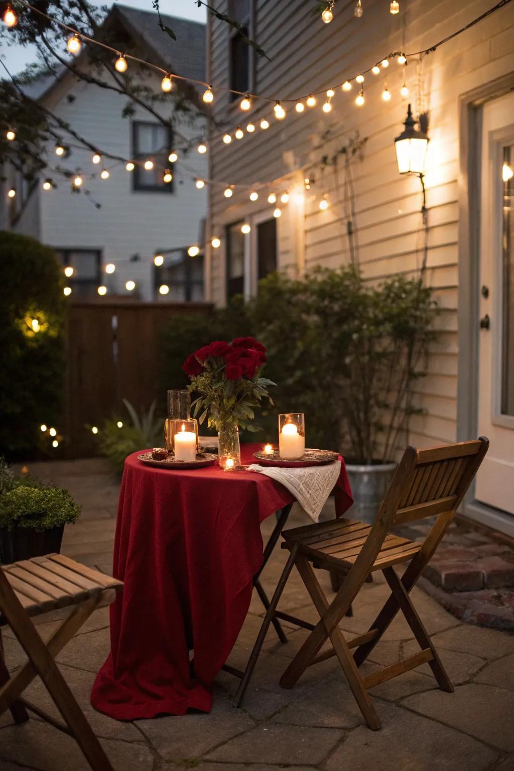 String lights create a romantic atmosphere on a small patio.