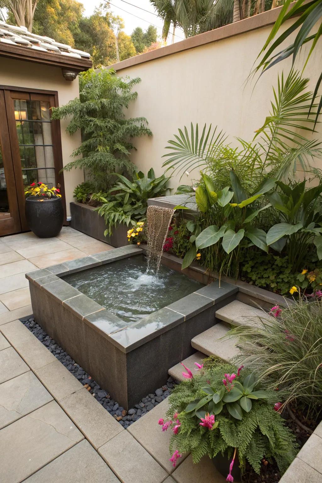 A modern water feature brings tranquility to a patio.