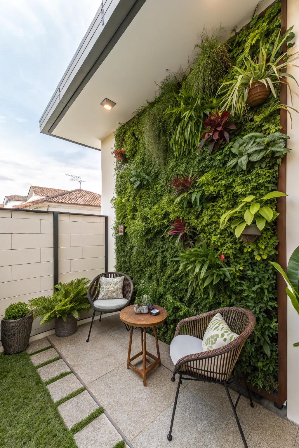A vertical garden wall adds greenery to a small patio.