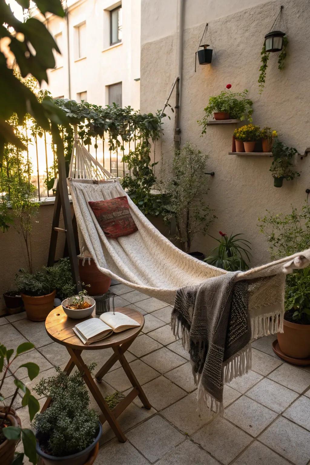 A portable hammock stand offers relaxation on a small patio.