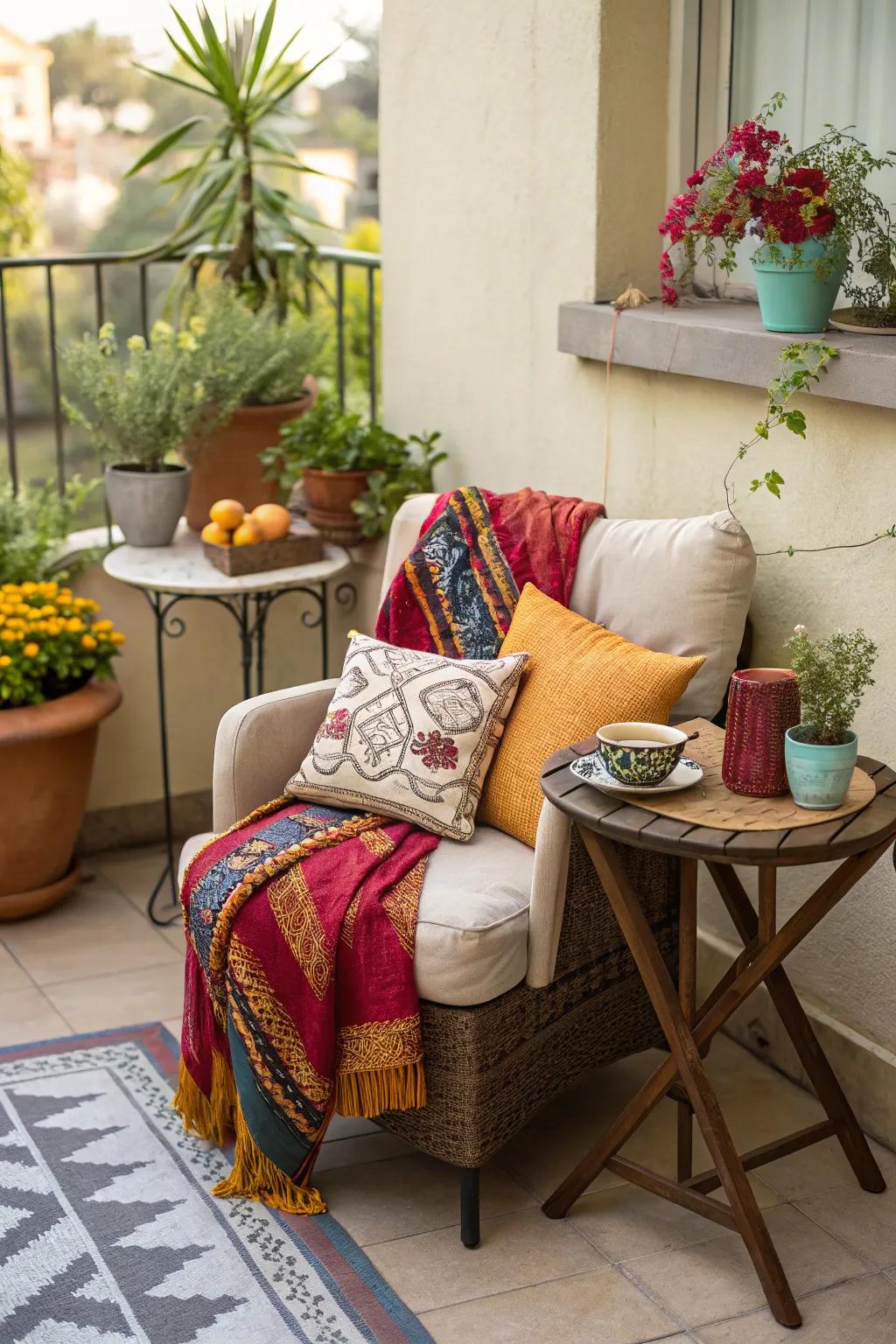 A cozy corner seating area with colorful cushions.