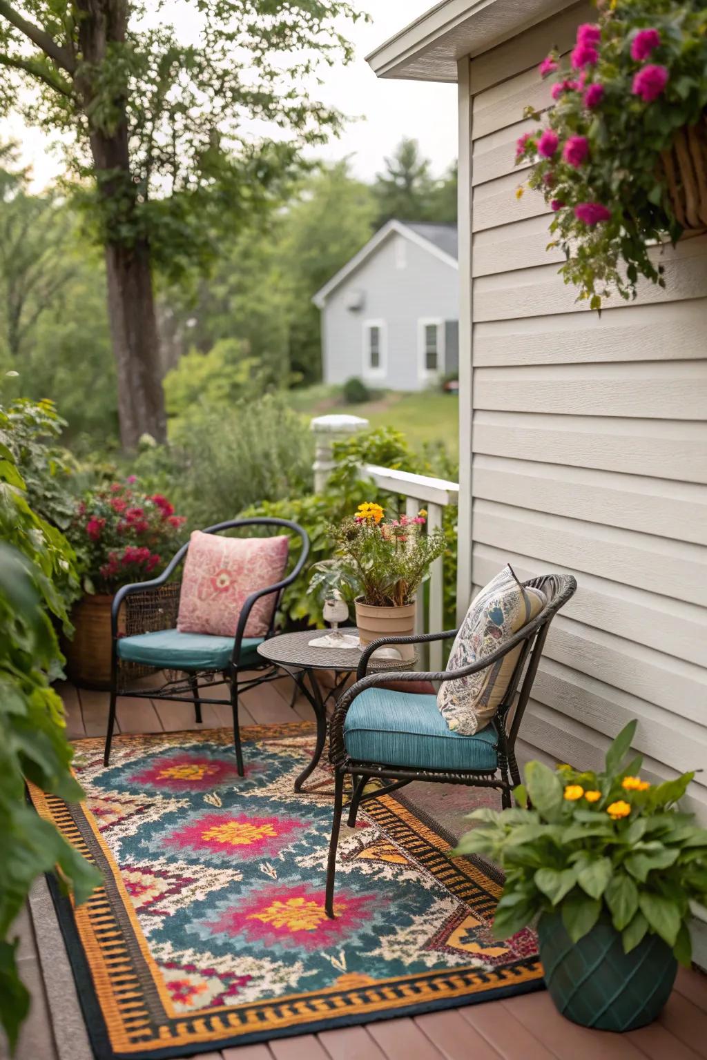 A colorful outdoor rug adds style to a patio.