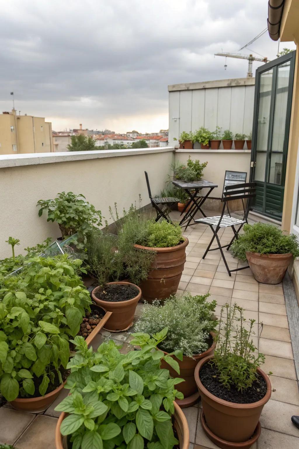 A mini herb garden adds greenery and functionality.
