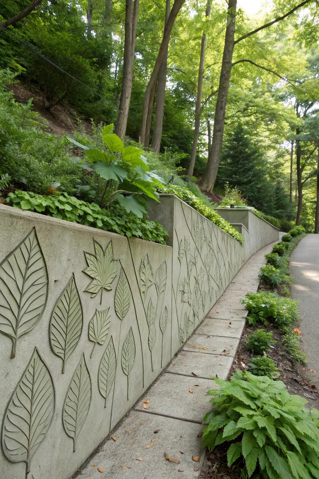 Textured concrete wall with natural leaf patterns.