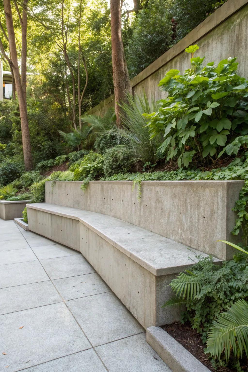Concrete wall with a seating feature for garden enjoyment.