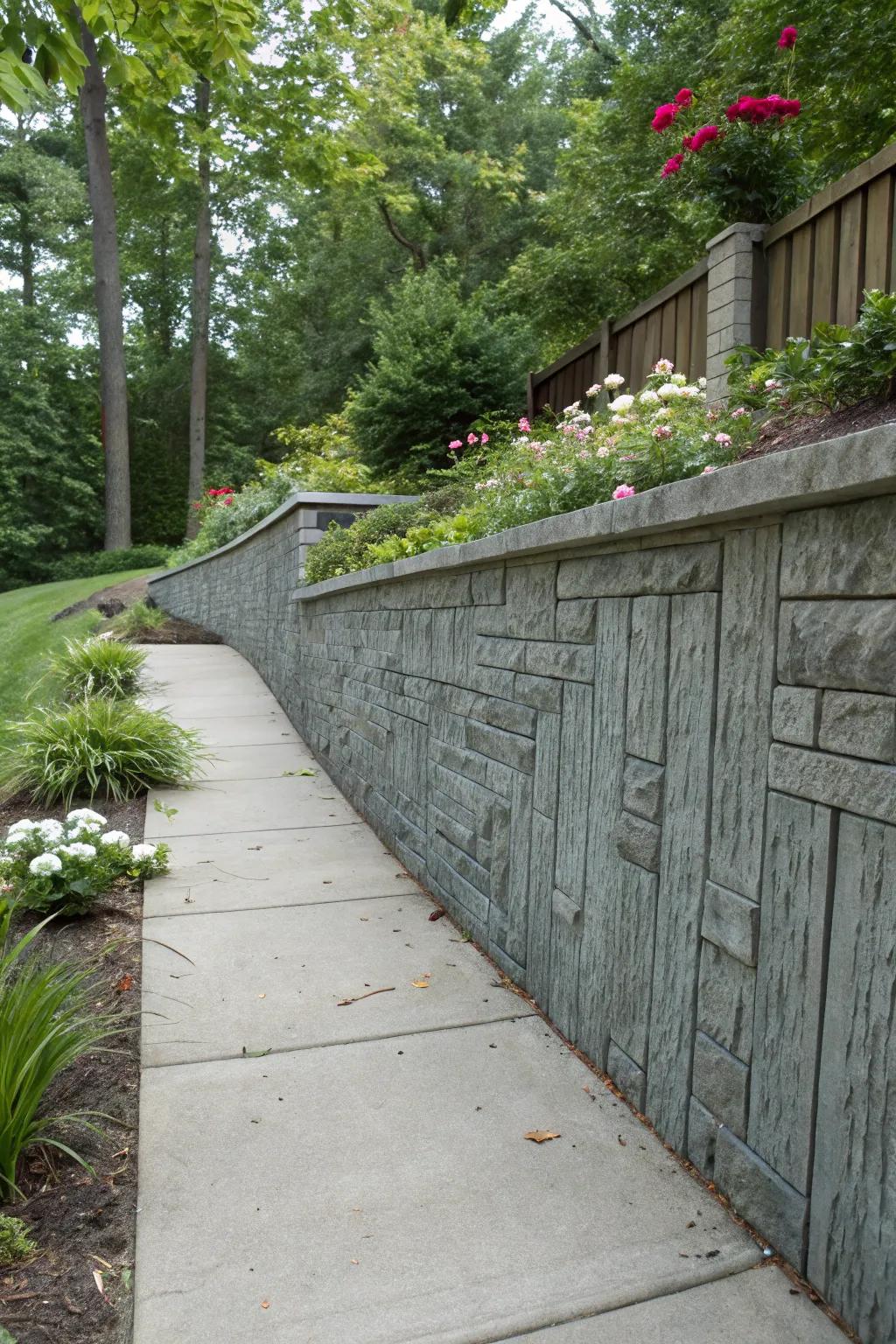 Vertical stamping gives the concrete wall a slate-like texture.