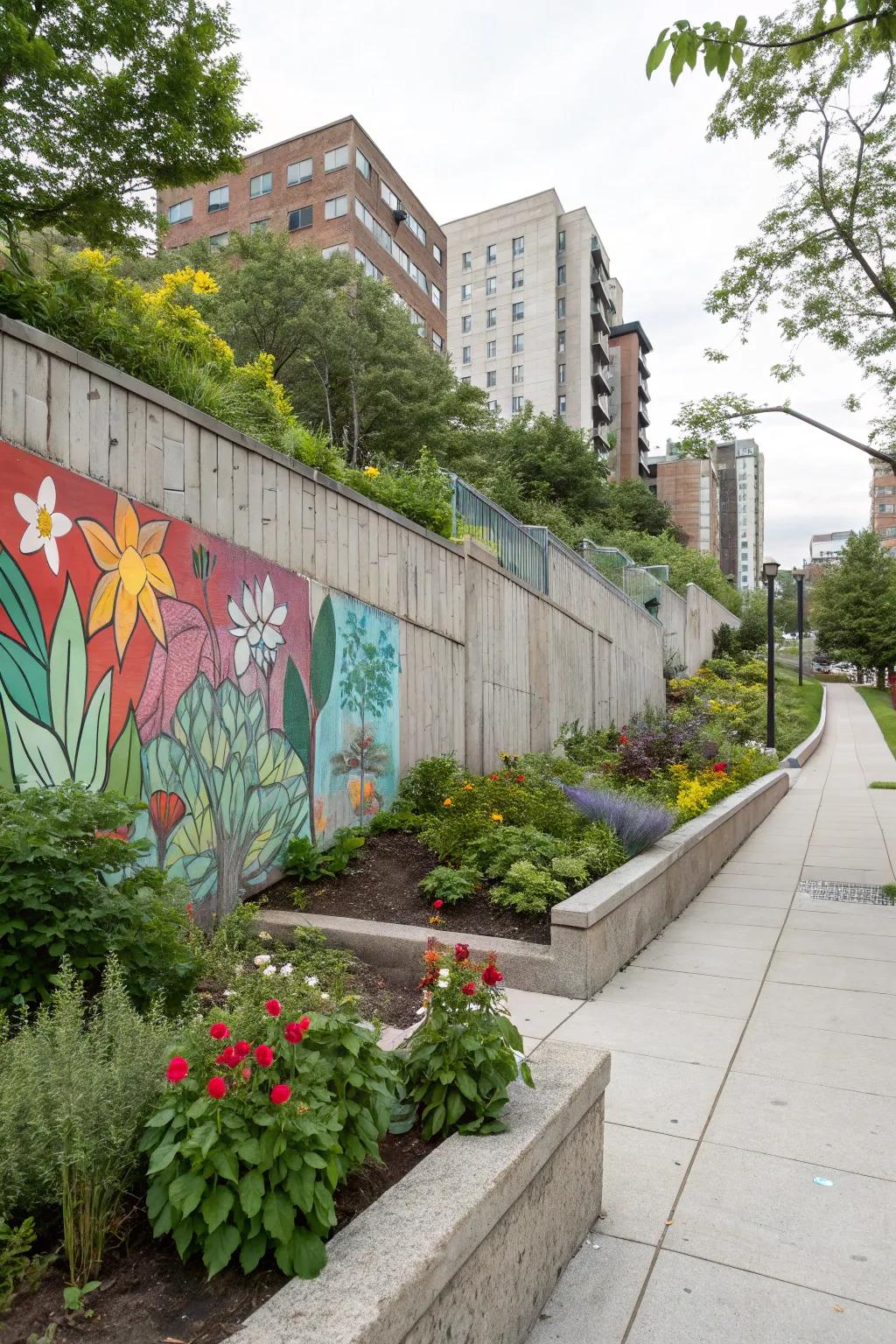 Concrete wall transformed into a vibrant artistic mural.