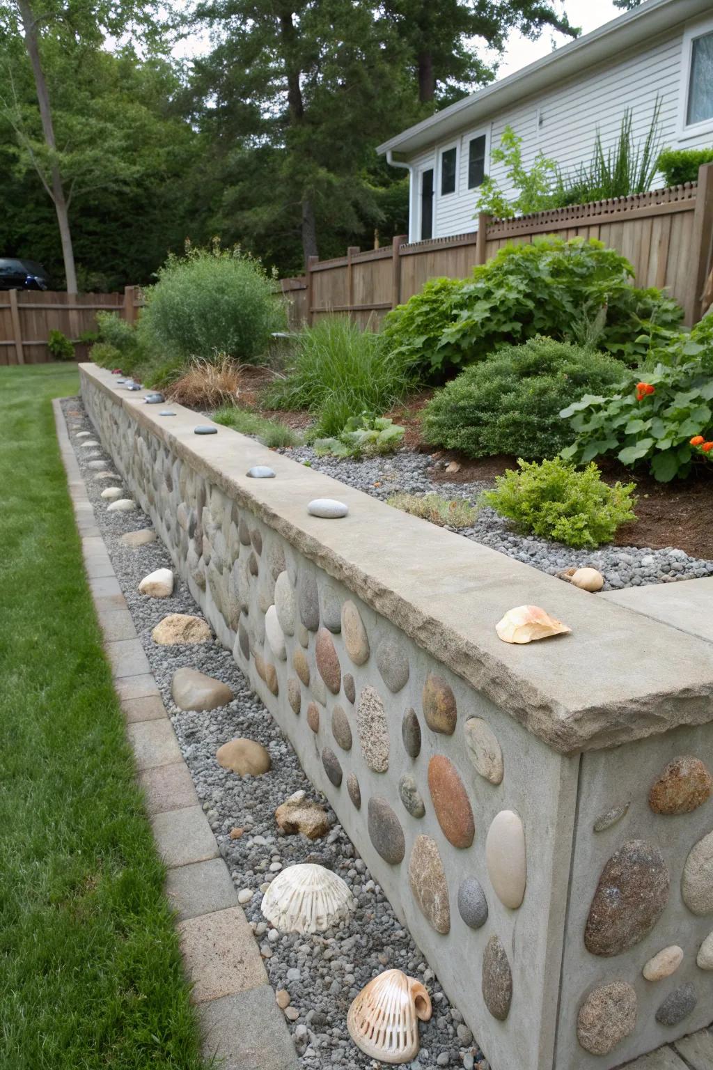 Concrete wall enhanced with decorative embedded objects.