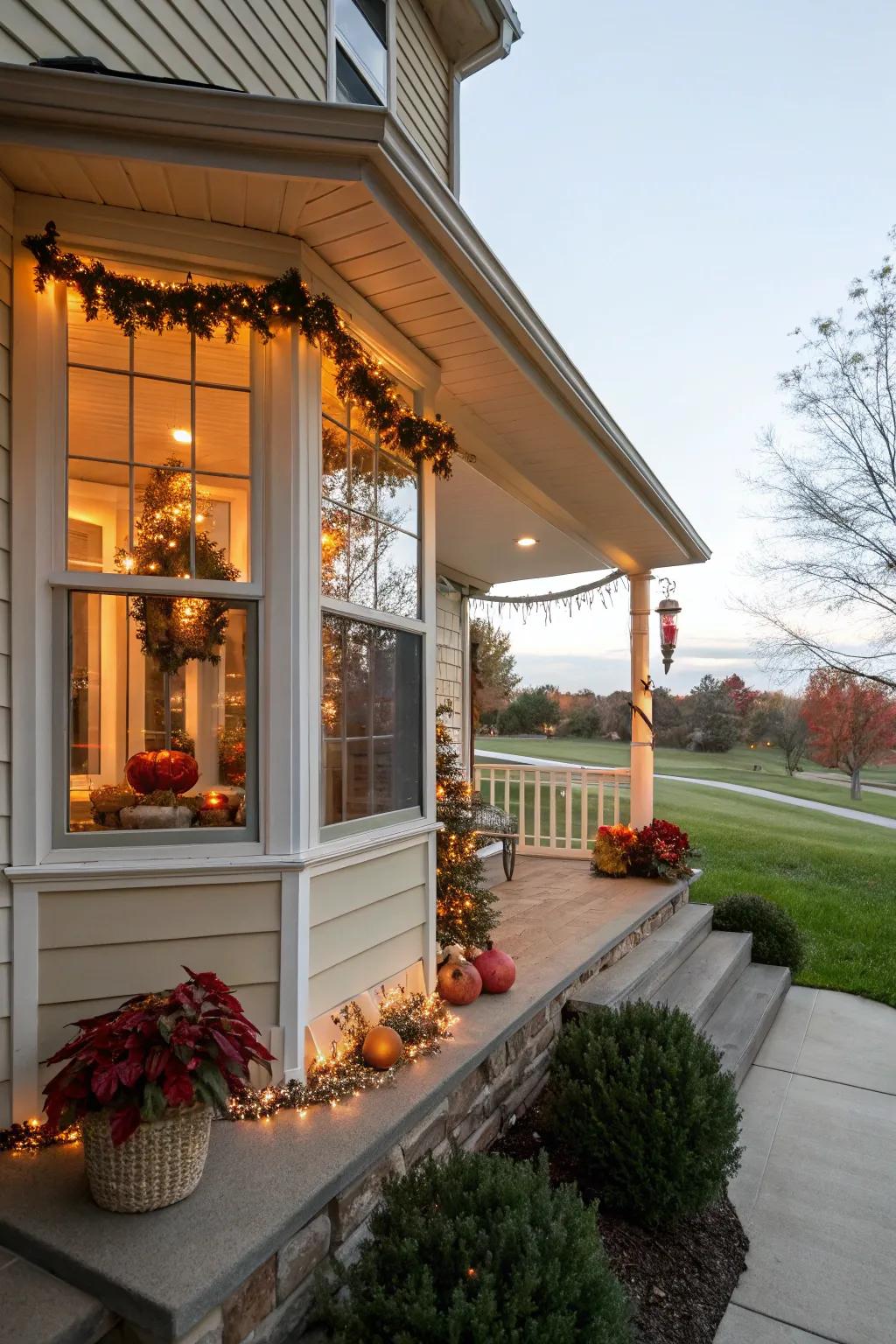 Seasonal decor transforms this front porch with a bay window throughout the year.