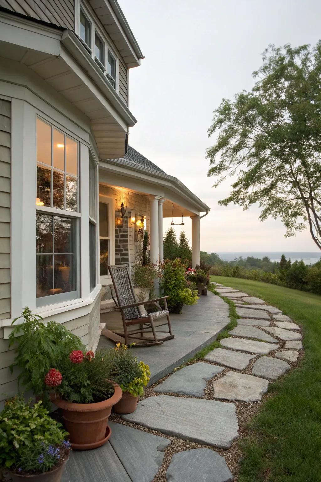 A charming stone pathway leads to this welcoming front porch with a bay window.