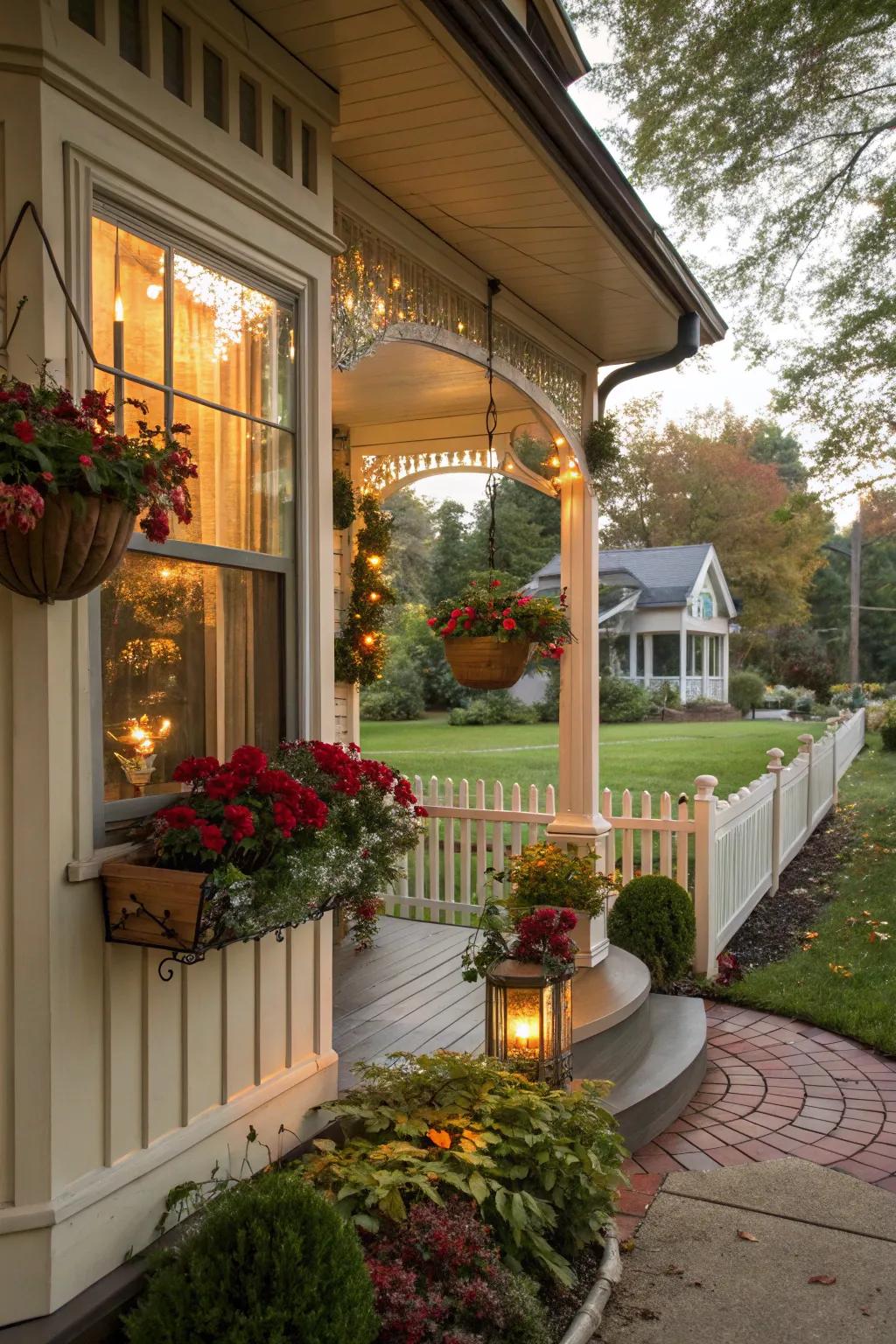 Utilizing vertical space with hanging planters above a front porch with a bay window.