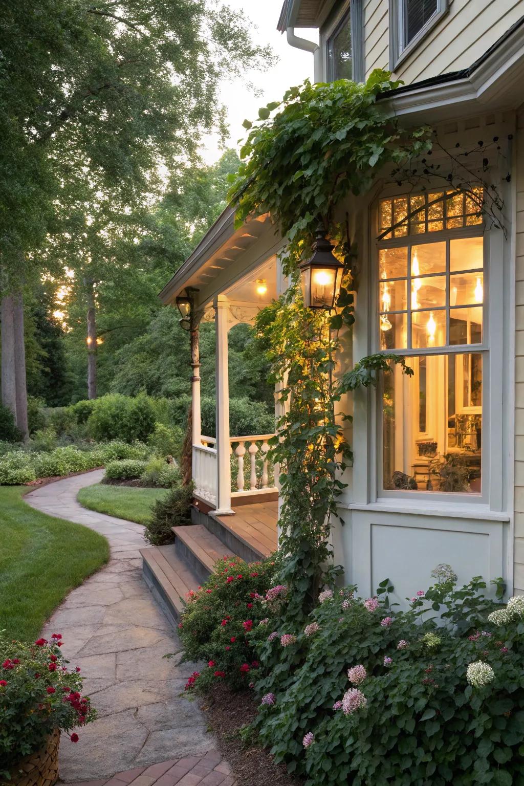 A trellis adds vertical greenery to this charming front porch with a bay window.