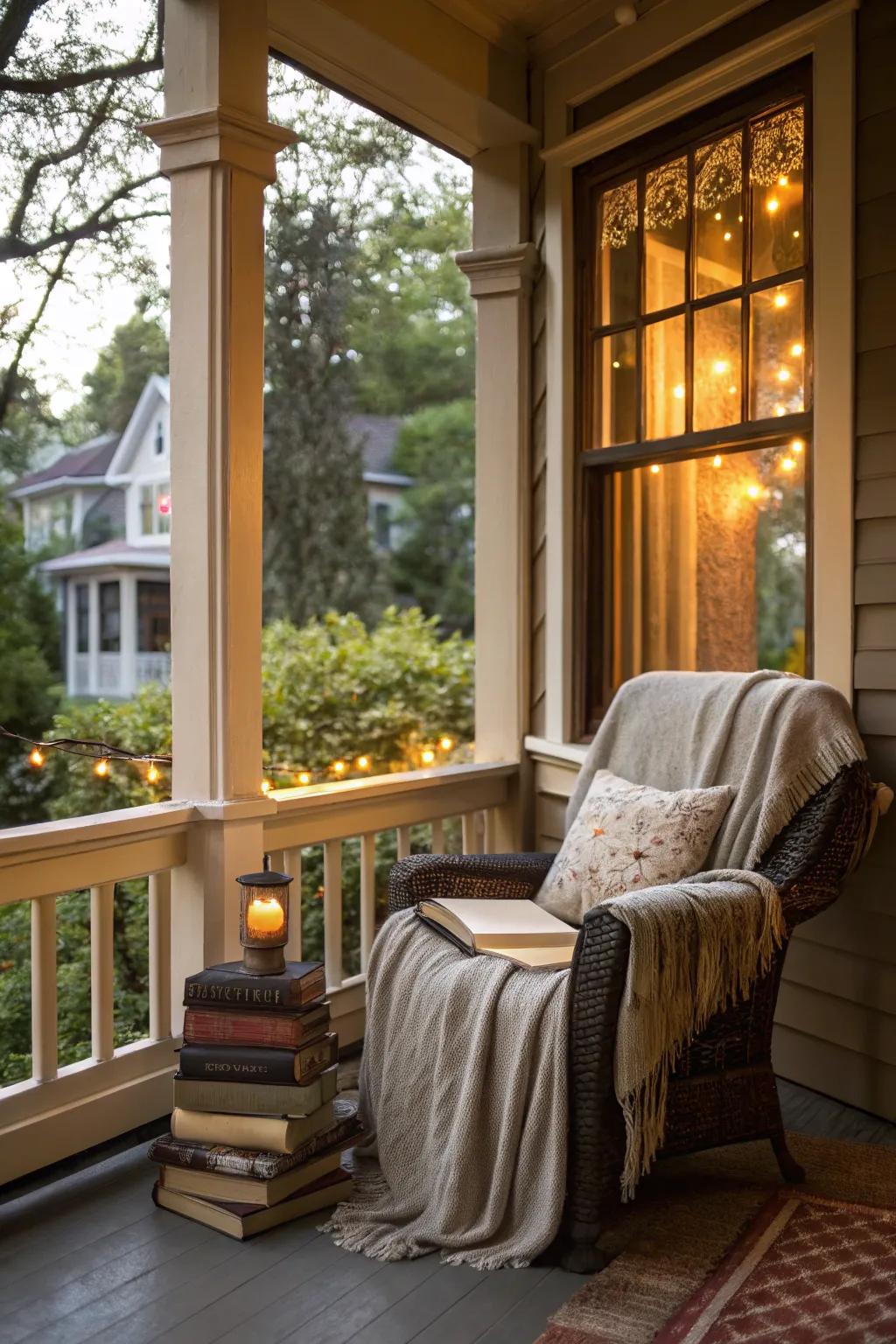 A cozy reading nook by the bay window makes this front porch inviting.