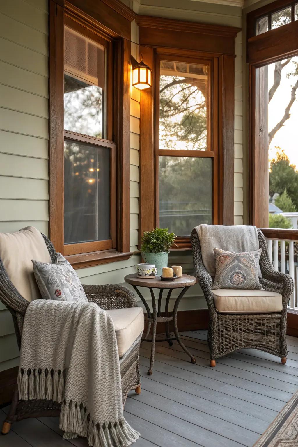 A cozy seating nook on a front porch with a bay window, perfect for morning coffee.
