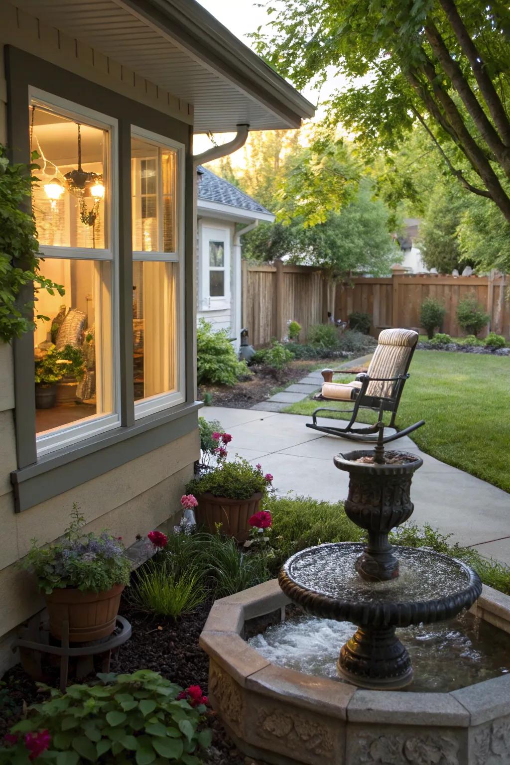 A calming water feature complements this tranquil front porch with a bay window.