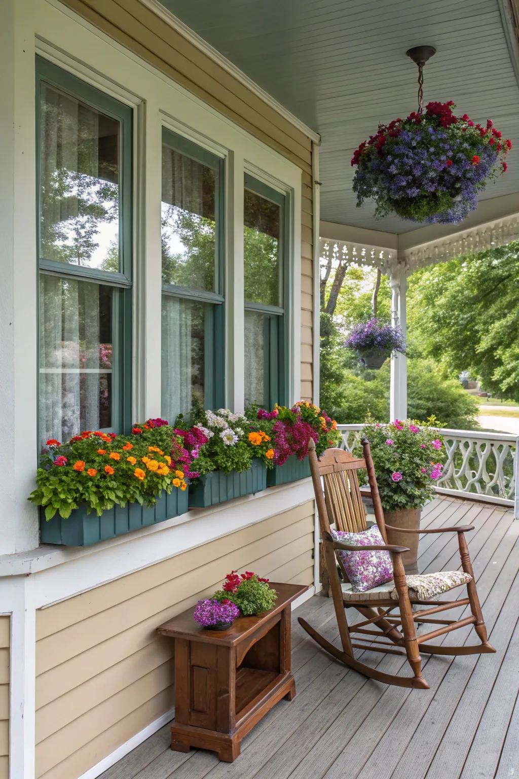 Colorful window boxes add charm to this front porch with a bay window.