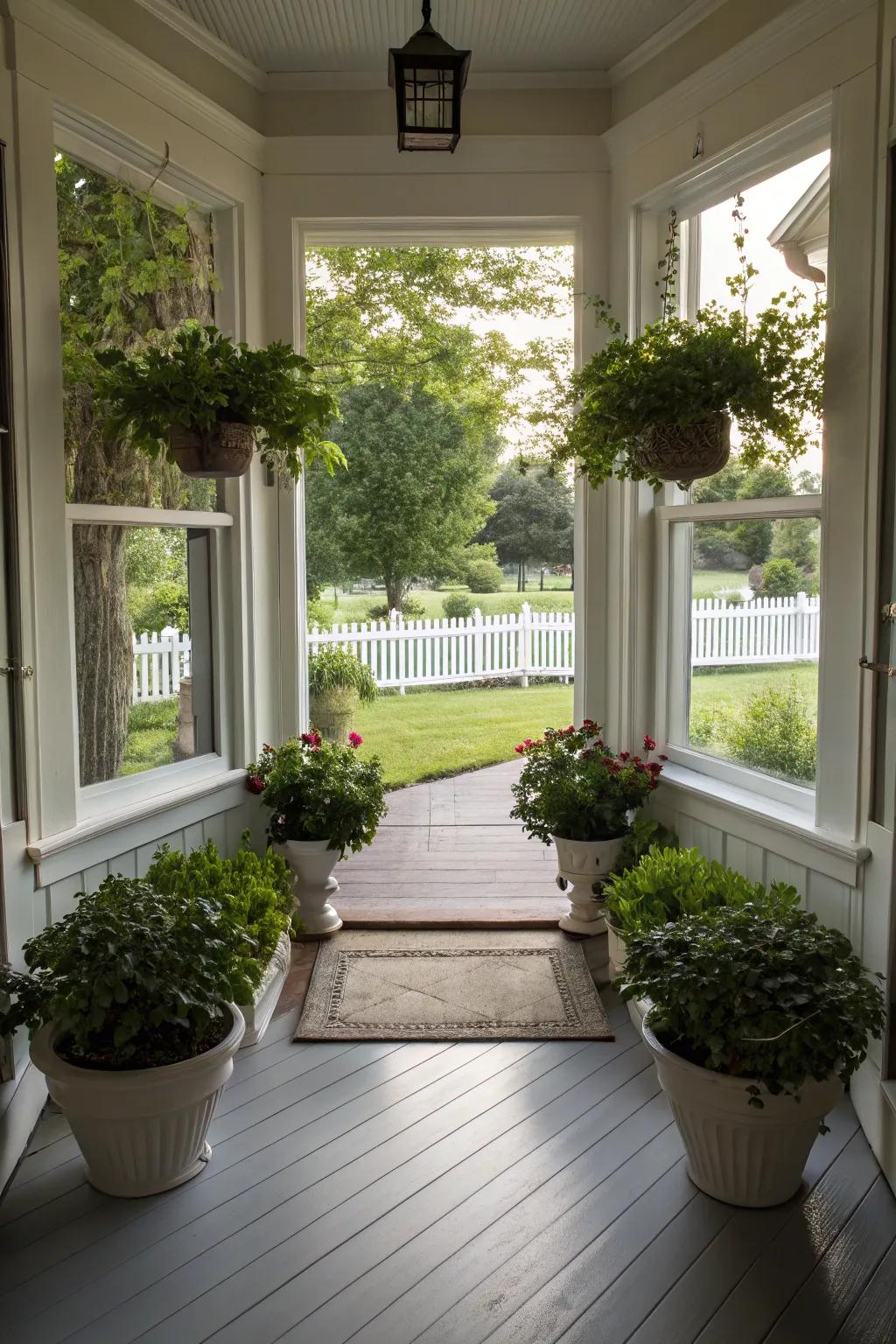 Symmetrical design adds balance to this front porch with a bay window.