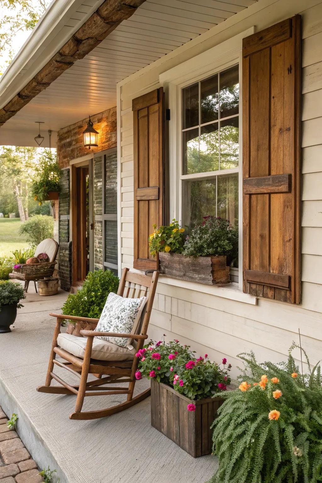 Rustic wooden accents bring cozy charm to this front porch with a bay window.