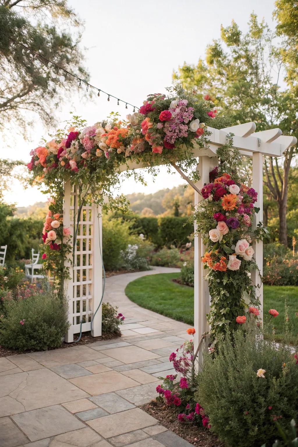A trellis bursting with vibrant flowers creates a stunning ceremony focal point.