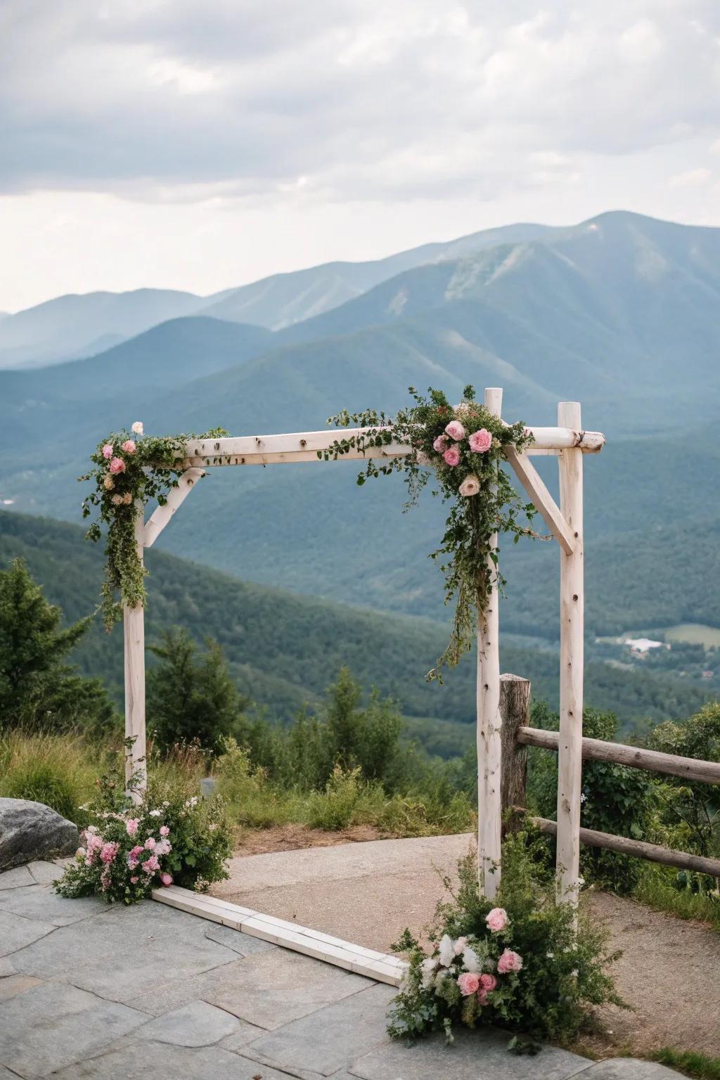 A scenic mountain backdrop adds grandeur to the ceremony.