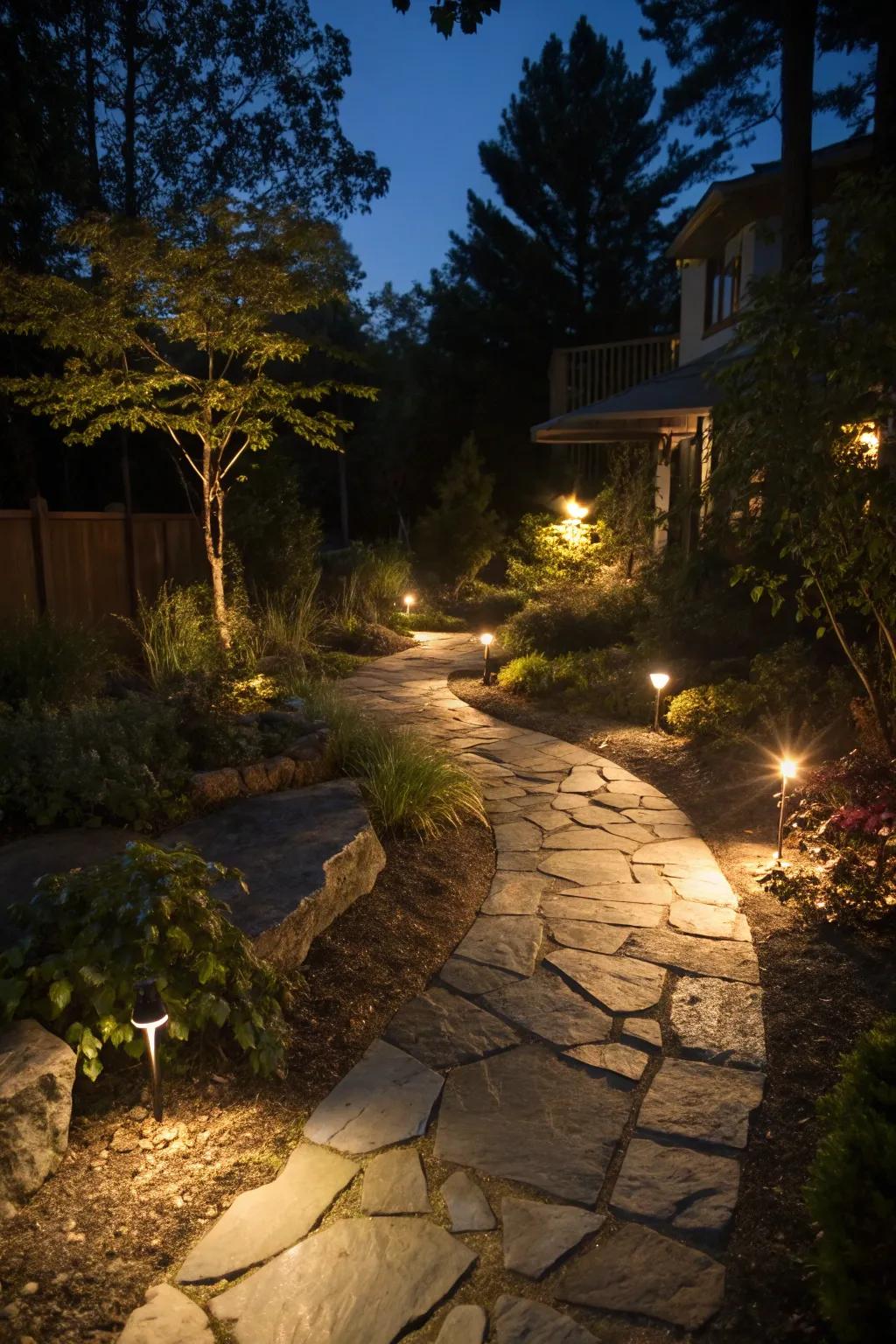 Pathway lighting adds magic to the flagstone path.