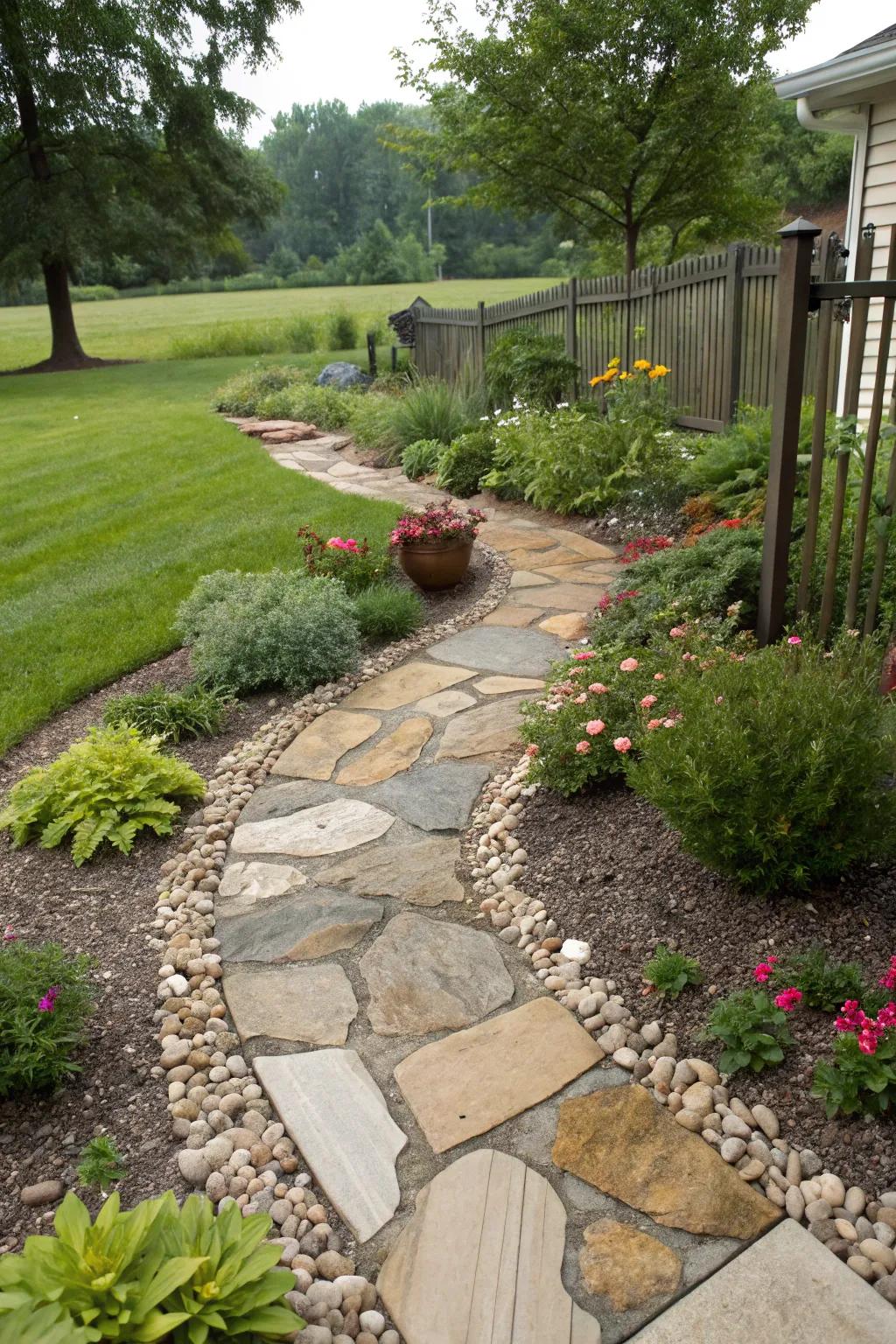 A walkway blending gravel and flagstone for texture.