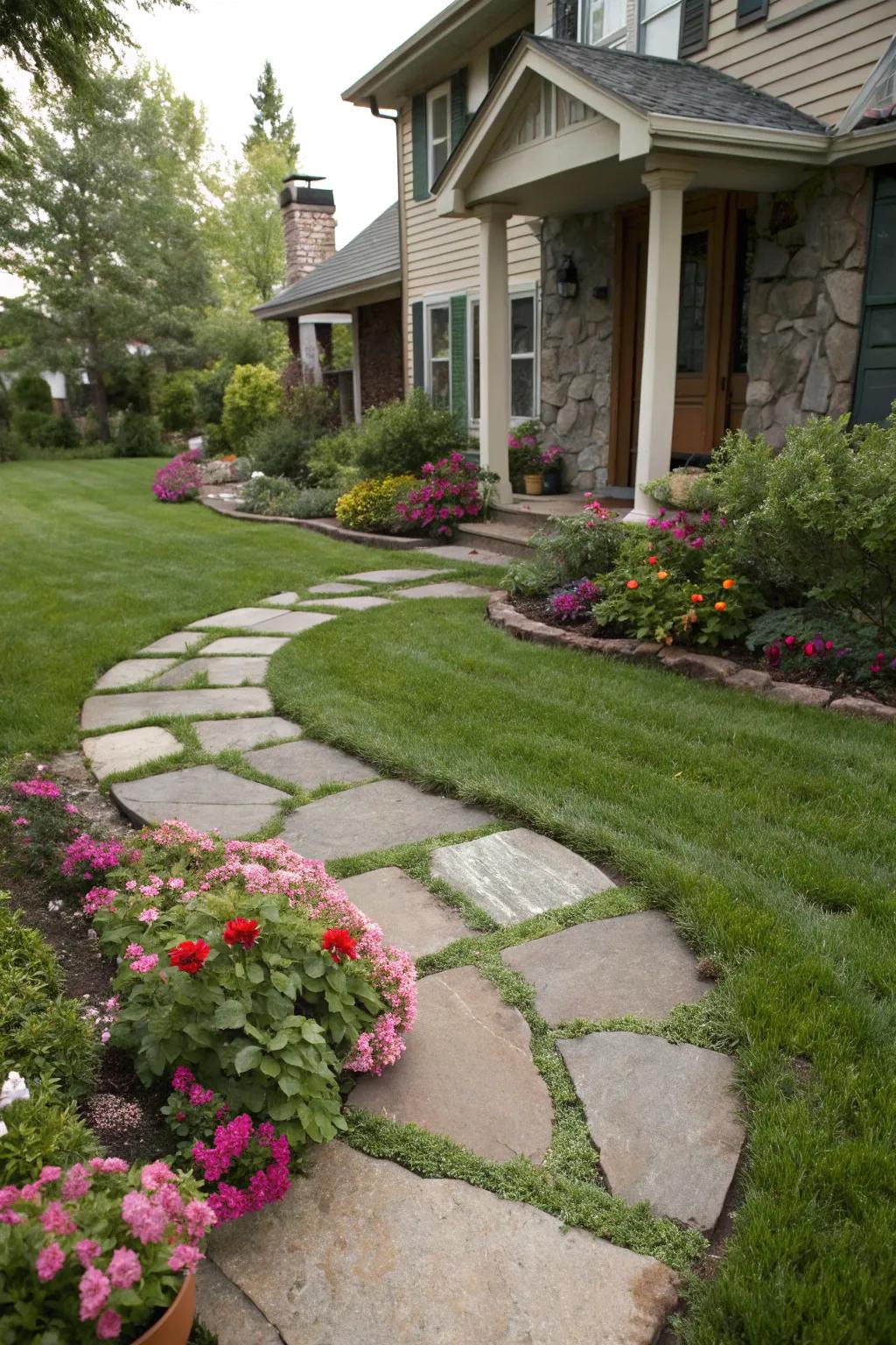 Stepping stone path creating a playful vibe.
