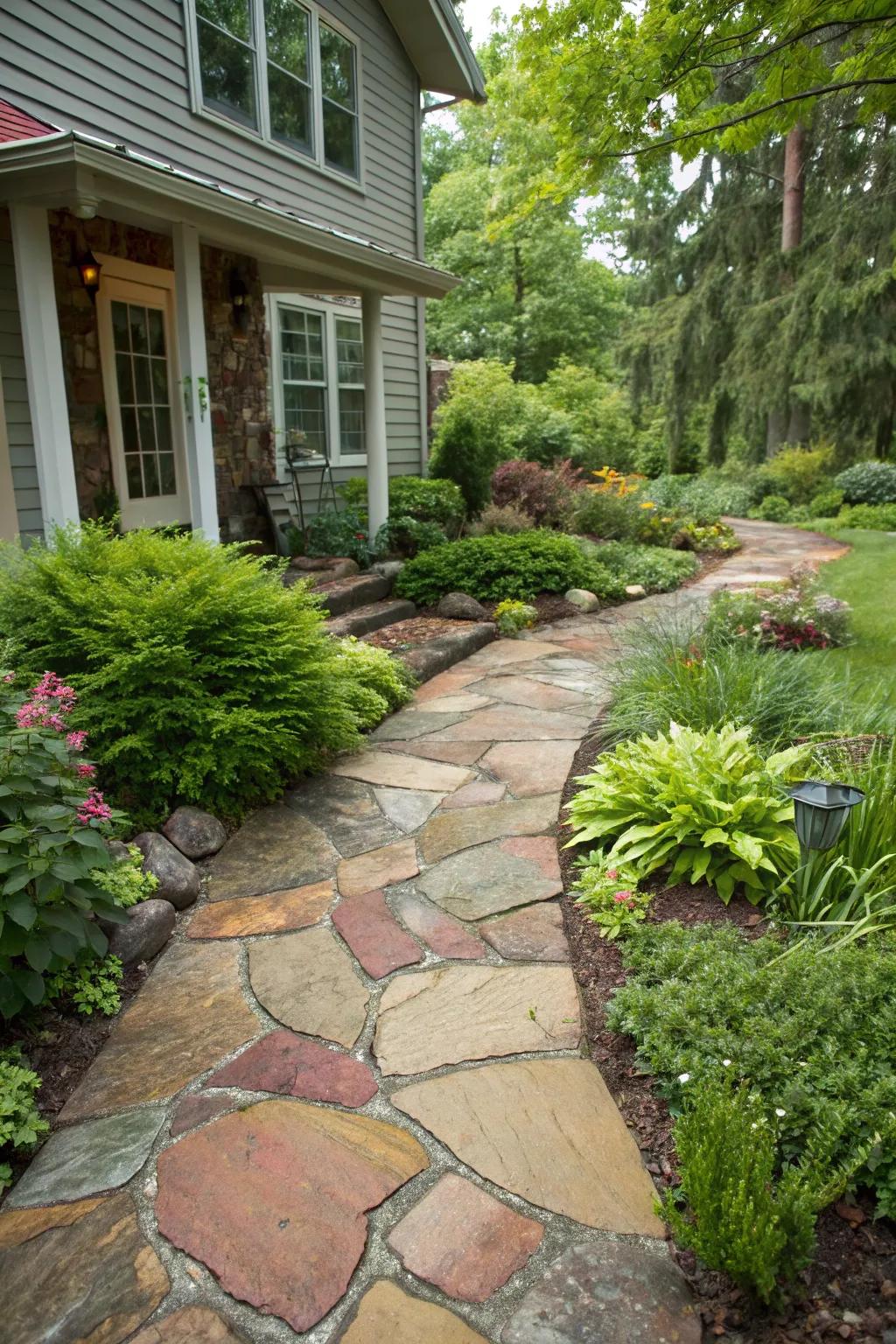 A colorful patchwork flagstone walkway.