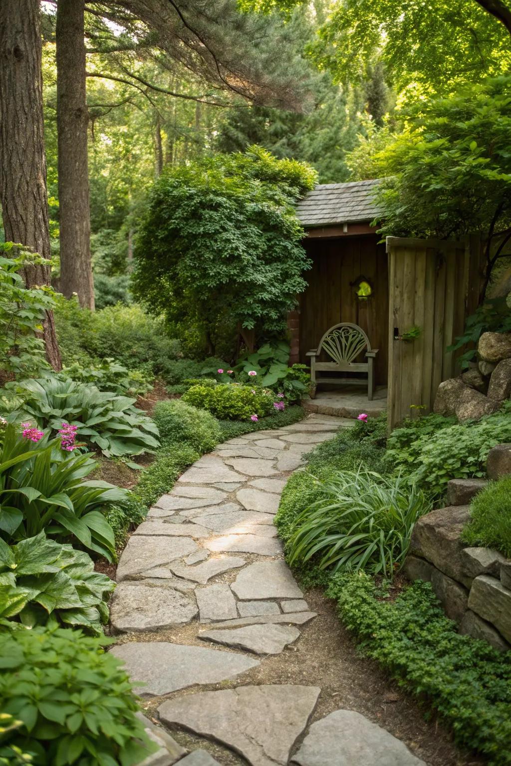 A hidden garden nook at the end of the flagstone path.