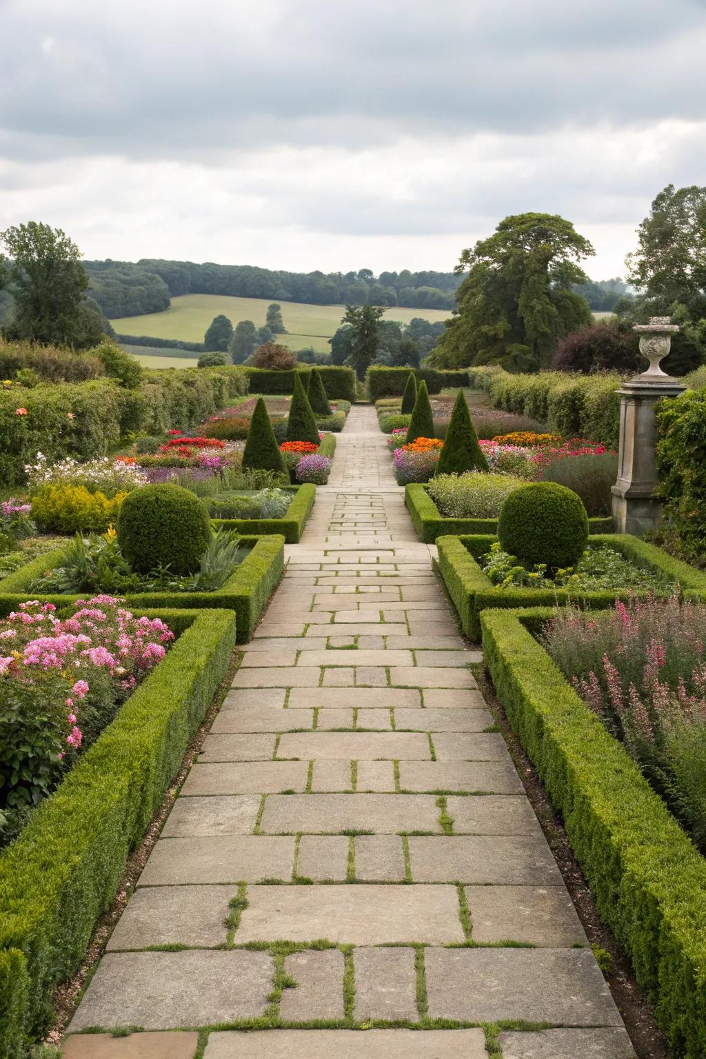 Flagstone path as the centerpiece in a formal garden.