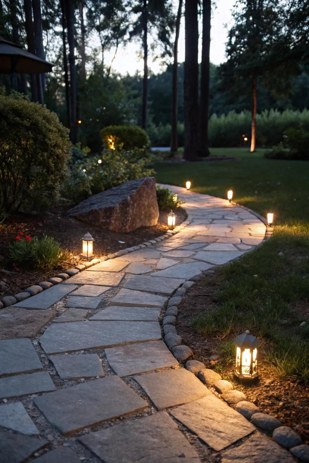Solar lights illuminating the flagstone path.