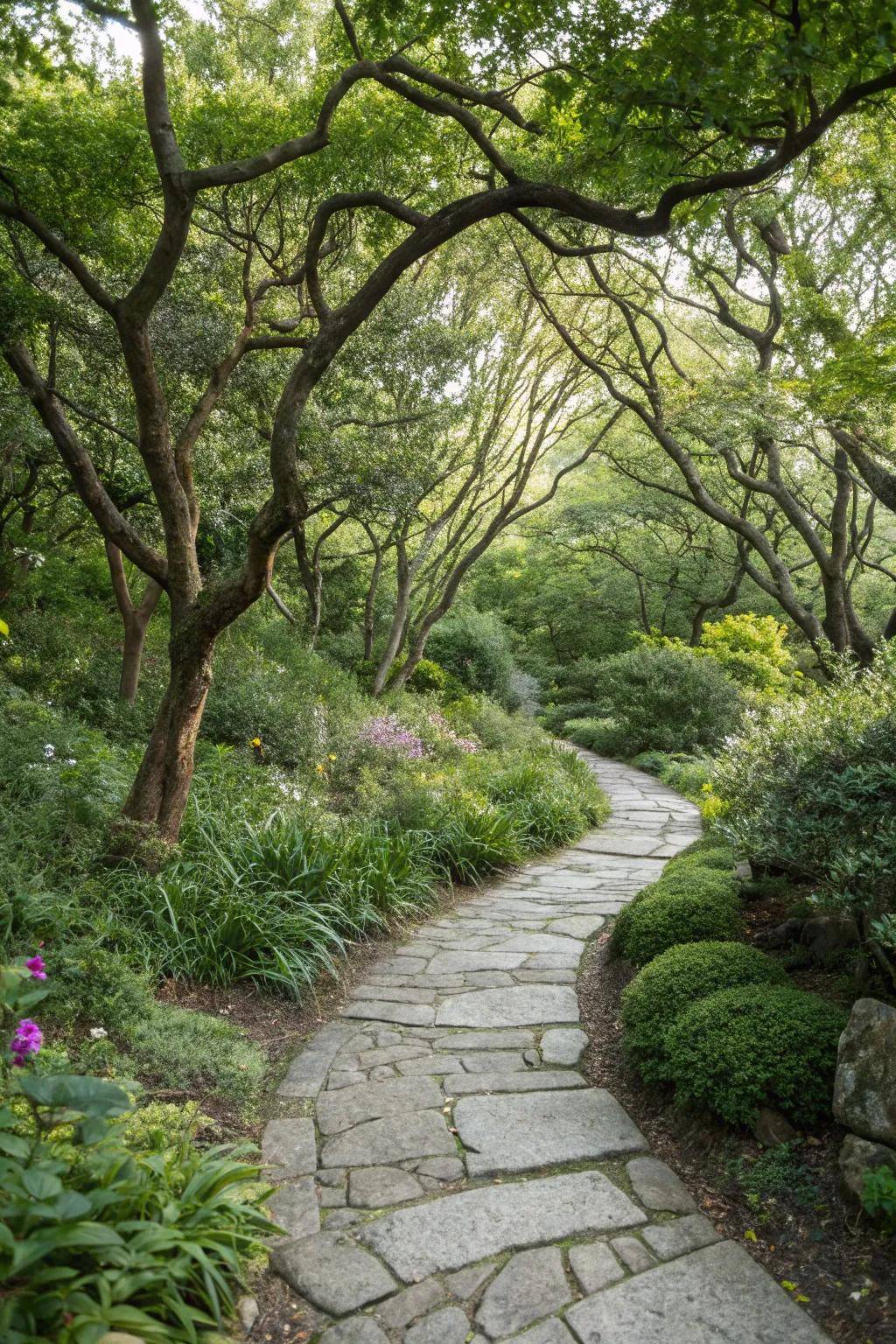 Woodland twist with native plants around flagstones.
