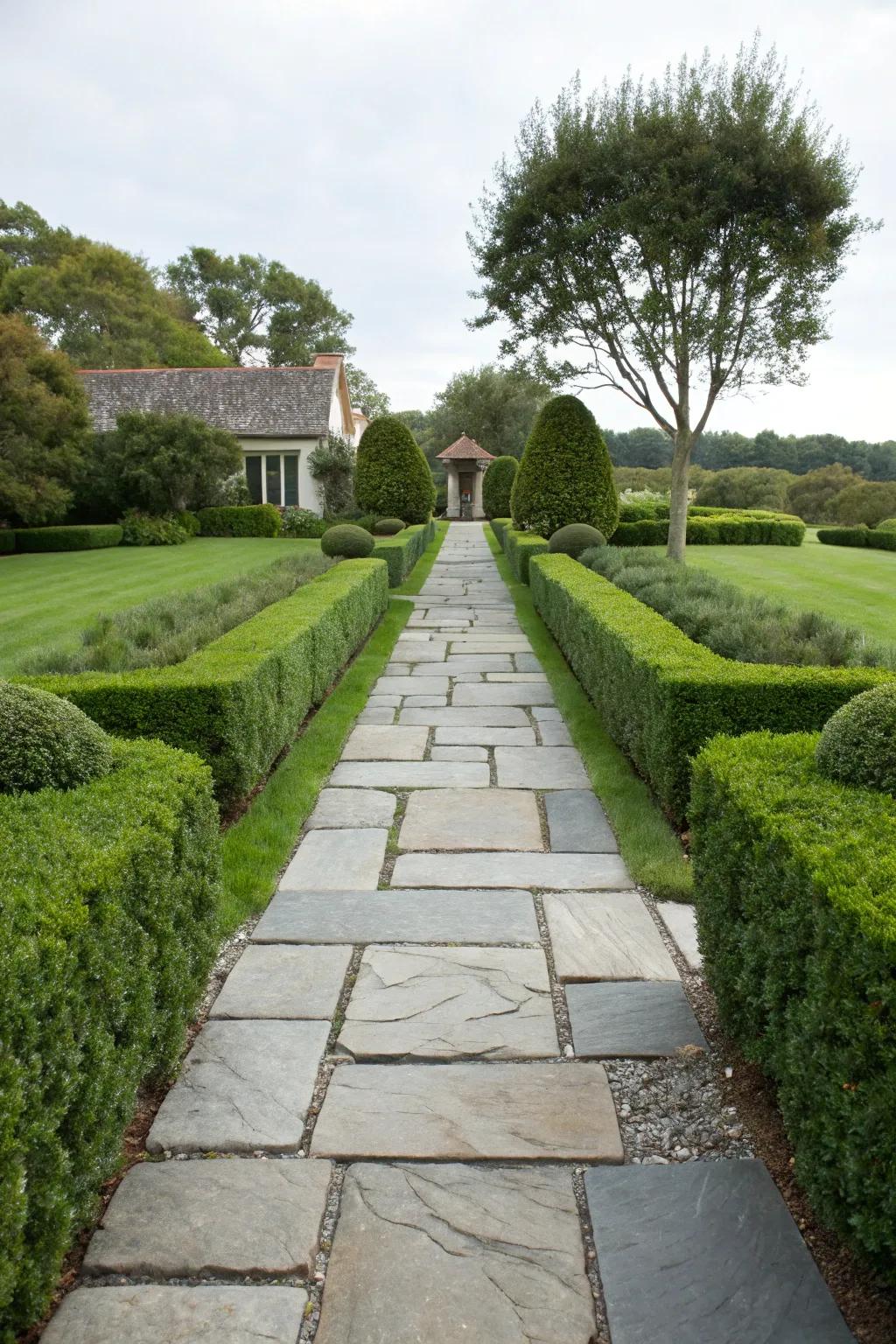 Symmetrical flagstone path exuding elegance.