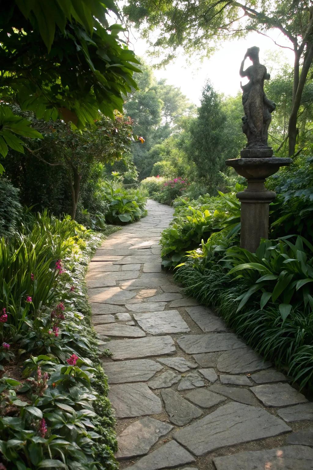 Sculptural elements adding interest to the path.