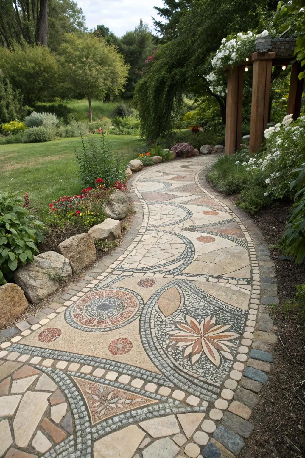Mosaic flagstone walkway as a yard masterpiece.