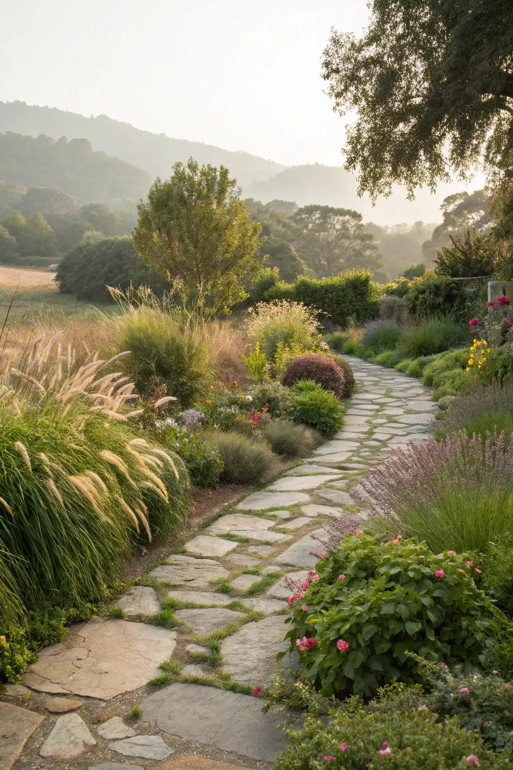 Layering lush greenery alongside the flagstones.