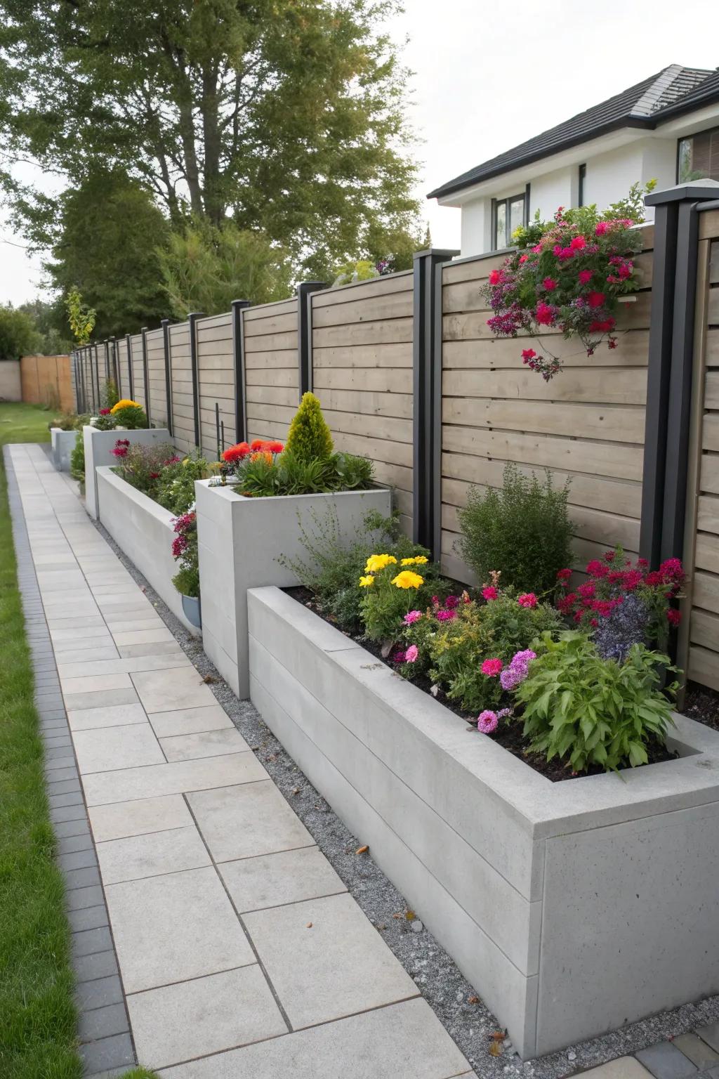 Concrete fences with planters add a splash of greenery.