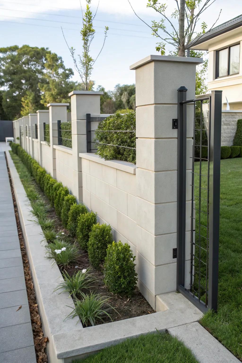 Metal accents add a contemporary edge to concrete fences.