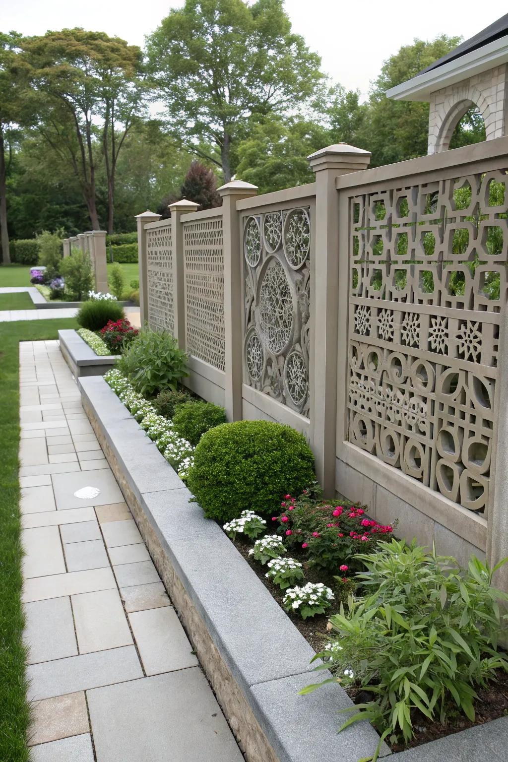 Geometric patterns add an artistic touch to concrete fences.