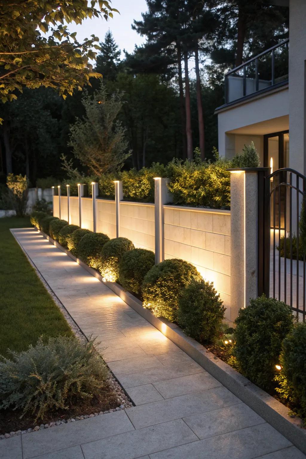 Lighting enhances the ambiance of concrete fences.