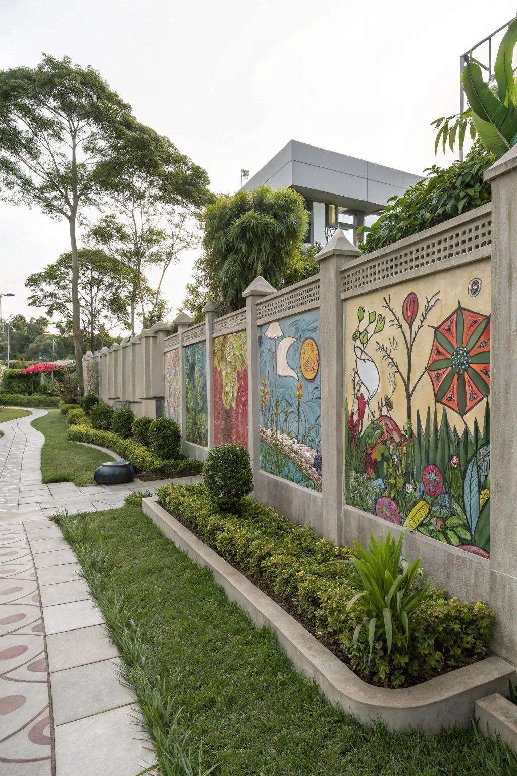 Artistic murals transform concrete fences into creative canvases.