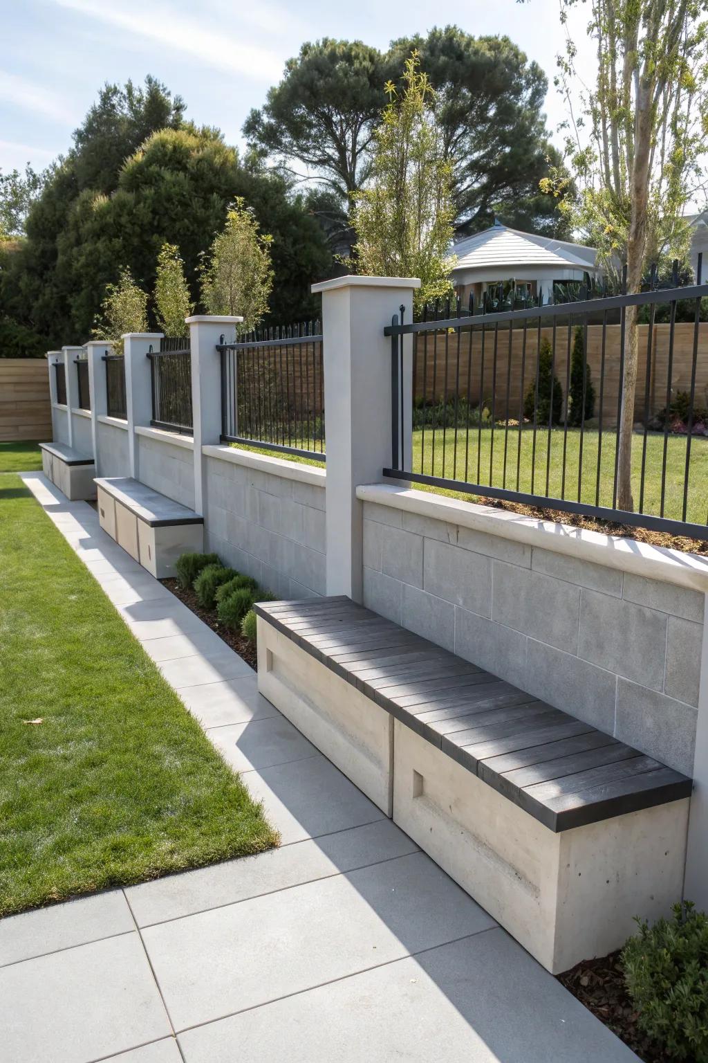 Integrated seating in concrete fences offers style and functionality.