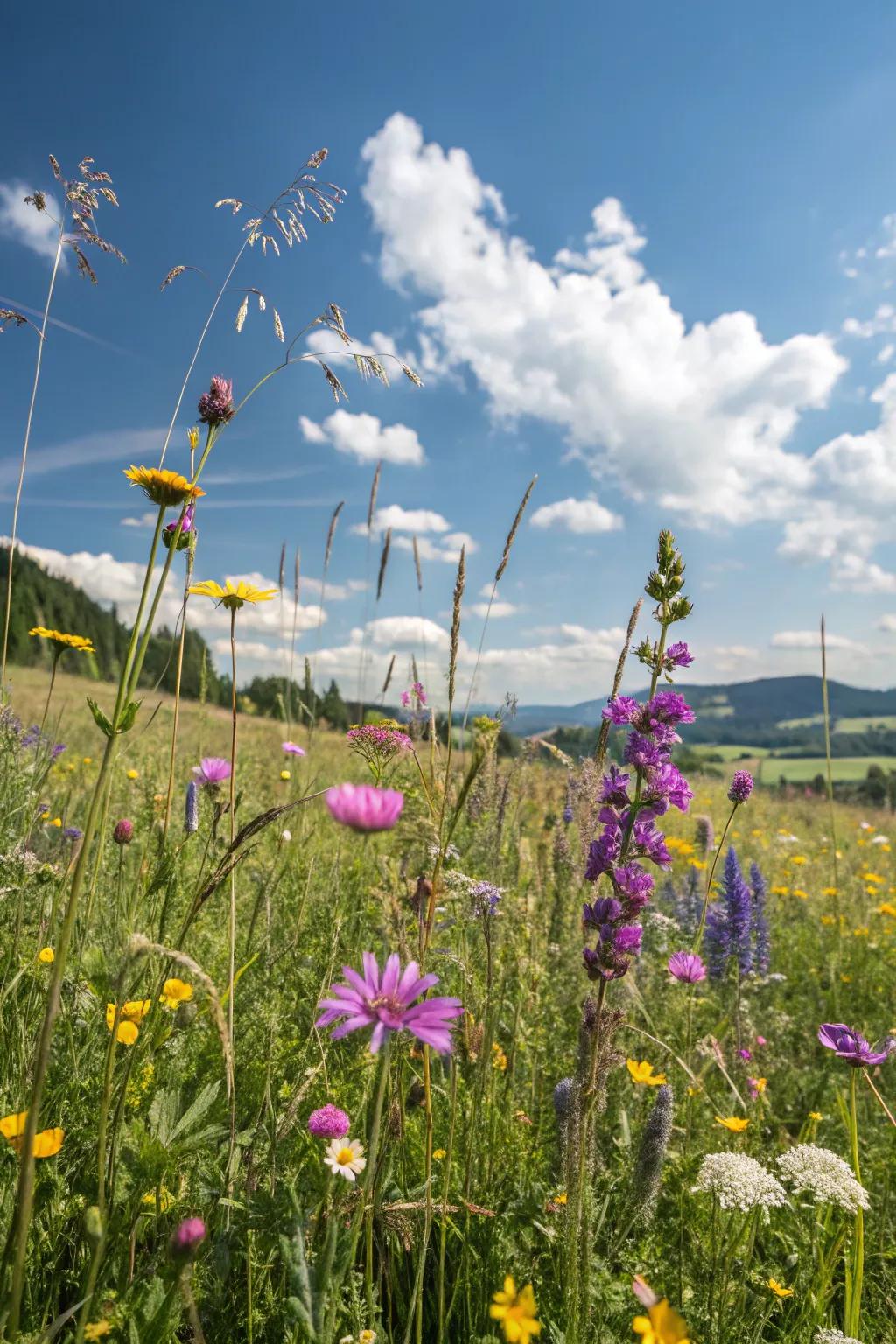 A lively wildflower meadow full of color and movement.