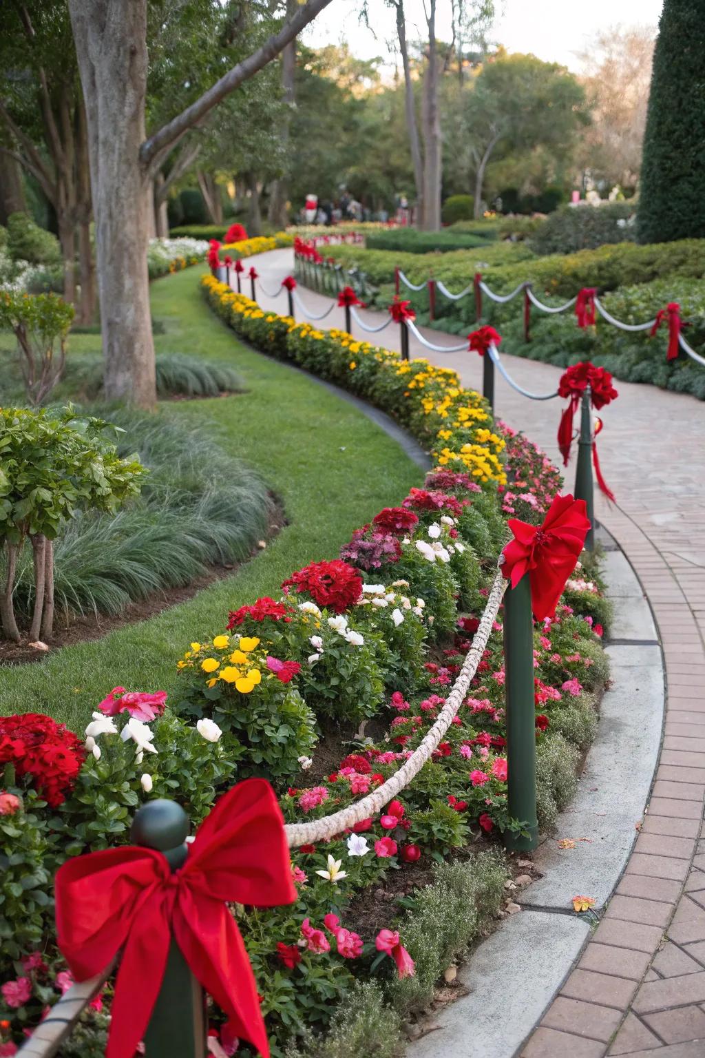 Garlands with red bows add classic charm to flower beds.