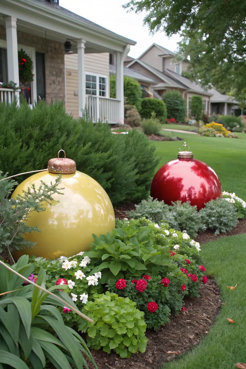 Oversized ornaments nestled among plants for a festive touch.