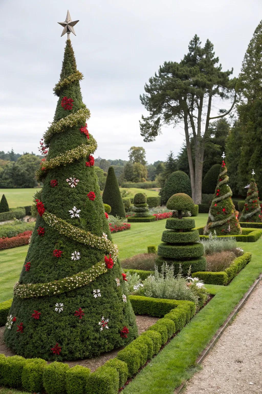 Festive topiaries add charm and sparkle to the garden.